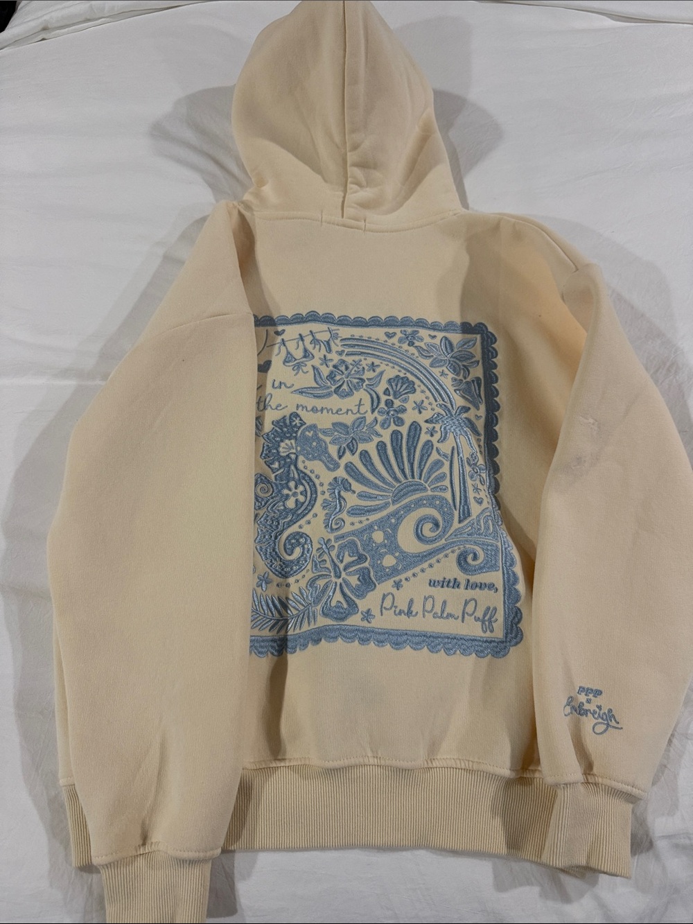 PINK Palm Puff Cream Dog Hoodie with Blue Logo - Picture 8 of 9